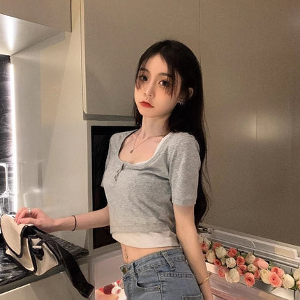 92 Rayon 8 Spandex Summer New Sexy Fake Two-Piece Short-Sleeved T-Shirt Women's Niche Slim Bm Short Crop Top