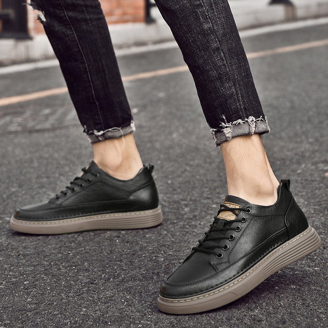 Summer Hollow Invisible Height-increasing 8CM Board Shoes Cowhide Surface Breathable Youth Shoes Lace-up Platform Outdoor Sports Men's Shoes
