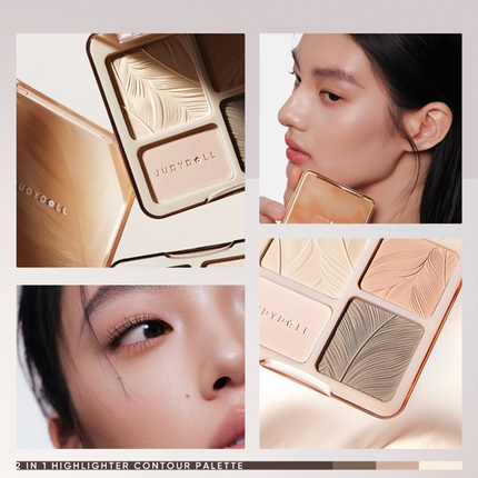 JUDYDOLL 2in1 Highlighter And Contour Palette Feather Light Up Face Shadow Powder Multi-Purpose Highlighting Makeup Cosmetics