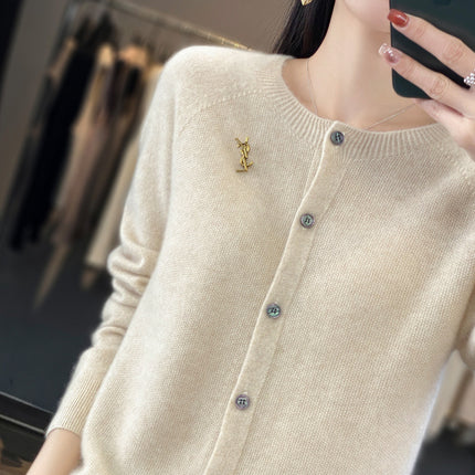 First-line clothing 100 full wool knitted cardigan women's autumn and winter New loose coat versatile comfortable sweater fashion