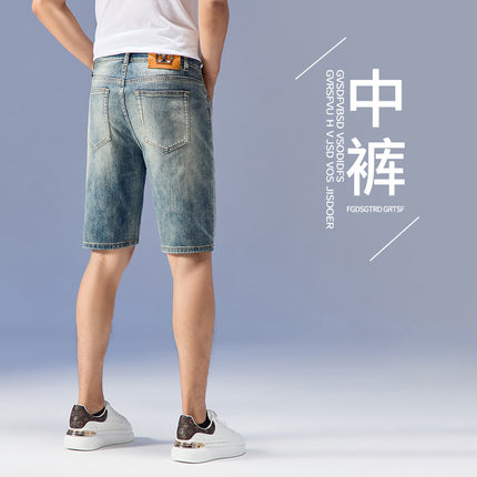 2025 Thin Tencel Five-point Jeans Men's Shorts Light Luxury High-end Water Ghost Green Elastic Middle Pants Casual