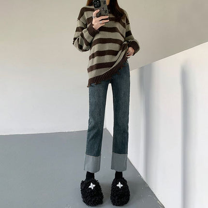 Black straight jeans women's spring and autumn small Winter wide leg baguette pants loose cropped high waist pipe pants