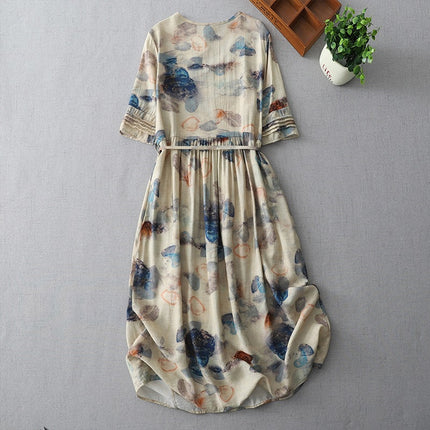High-end V-neck Cotton Short-sleeved dress 2025 Summer New Loose French Organ Pleated Print Midi Dress
