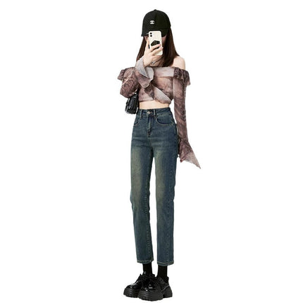 Cement Grey Straight High Waist Jeans Women's Trendy All-match New Style Simple Retro Slim Fit Slimming French Stick Pipe Pants