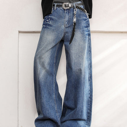 American Retro Rivet Design Jeans for Men and Women, Street Vibe Style Washed Lightning Pattern Straight Pants for Couples