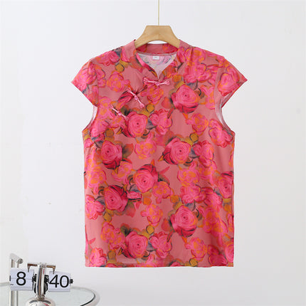 Chinese-Style Button Cotton Silk T-Shirt for Women, Summer Thin Large-Size Rayon V-Neck Pullover Printed Top, National Trend
