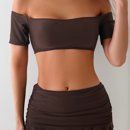 European and American Aliexpress New Bikini Three-Piece Skirt Swimsuit Women's Tube Top Pure Color Sexy Beach Swimwear