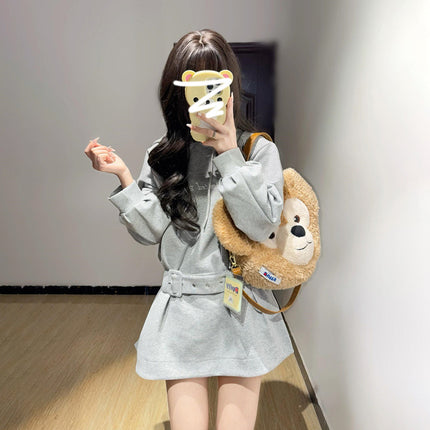 French gray hooded sweater long sleeve dress early spring 2025 new spring temperament wear waist skirt