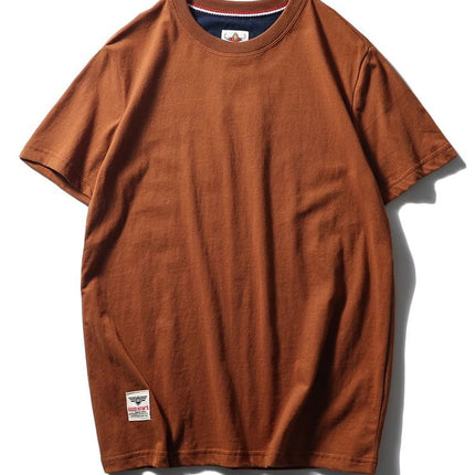 Simple trend 220 grams of technology sanding heavy industry wash cotton solid color round neck pullover base shirt lovers short sleeve