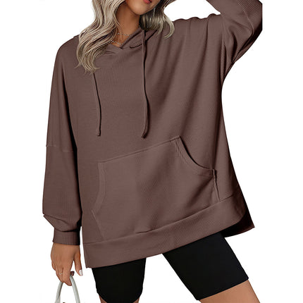 Shiying Pure Color Long-Sleeved Sweatshirt Women's Hoodie Textured Knitwear Slit Top Cross-Border Women's New Style