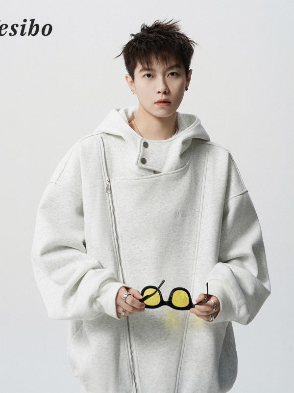 American Double Zipper Cardigan Sweater Men's Spring Irregular Design Hooded Jacket Trendy Brand Street Sports Hoodie