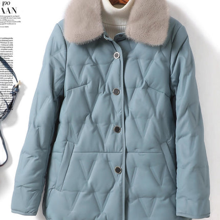 Genuine Leather Women's Coat with Mink Fur Collar, High-End Elegant White Duck down Sheepskin 2025 New Model Haining Leather down Jacket