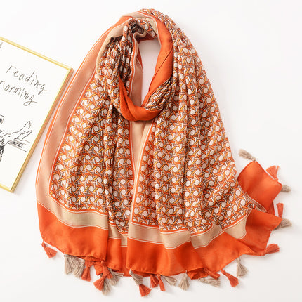 Japanese New Artistic Color Split Travel Sunscreen Beach Towel Printed Cotton and Linen Hand Scarf Tassel Scarf Large Scarf
