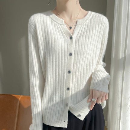 Korean-style Round V-neck Pit-strip Cardigan Women's Knitted Sweater Top Long-sleeved Solid Color Jacket Spring/Autumn/Winter Women's Knitted Jacket