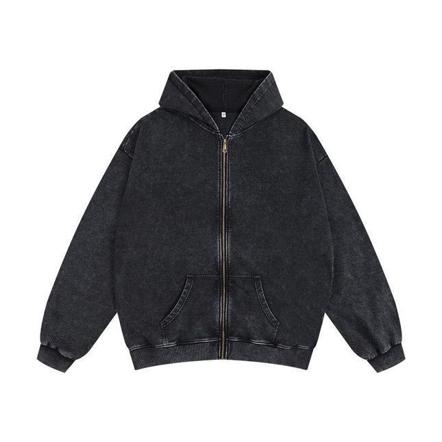 350g Distressed Zipper Hoodie for Men, Oversized Drop Shoulder Vintage Washed Heavy Terry Cardigan Jacket, Heavyweight Men's Clothing