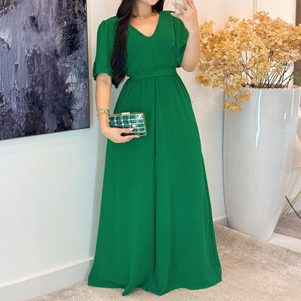 10579 Cross-border European and American High-grade Solid Color Green Round V-neck dress Slimming High Waist Tether Split Sleeve Elegant Long Dress
