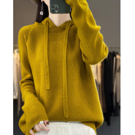 First-line clothing pure wool 2025 spring new women's short solid color hoodie pullover base sweater sweater