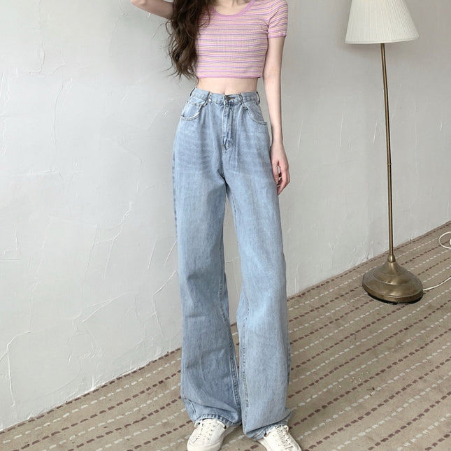 2024 summer light-colored high waist jeans women's slimming high-leg straight pants elegant style draping mop pants
