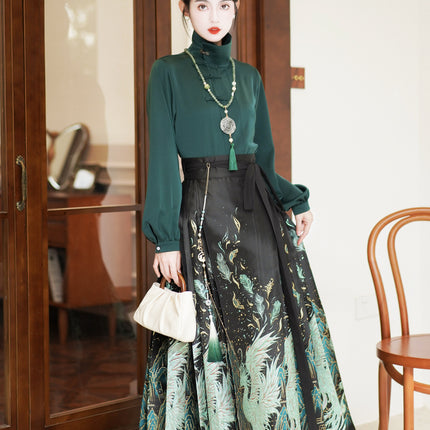 New Chinese Ming Han clothing suit 2024 Spring stand collar two-way shirt top green feather woven gold makeup flower vest skirt