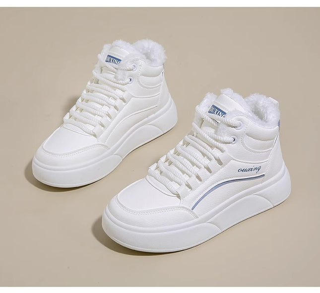 2024 Winter High-top fleece-lined White Shoes New Korean-style ins Female Student Mid-top Flat Sports Casual Board Shoes
