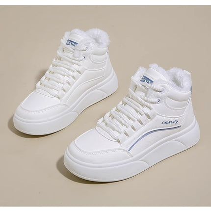 2024 Winter High-top fleece-lined White Shoes New Korean-style ins Female Student Mid-top Flat Sports Casual Board Shoes