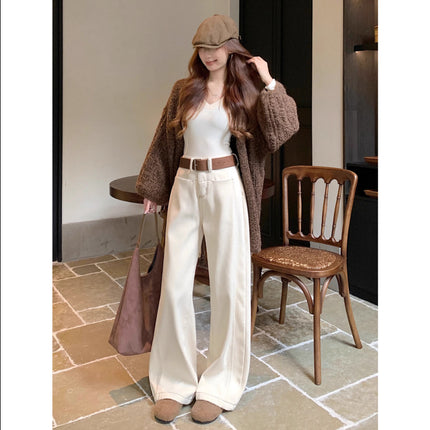 fleece-lined Thickened Wide-leg Jeans Women's Trendy All-match New Arrival apricot High Waist Slimming Loose Casual Straight Pants