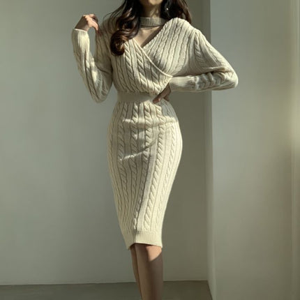Front and Back Wearing Split Chic Distinctive All-Match Round Neck Hemp Pattern Design Cared Machine Sweater dress Women