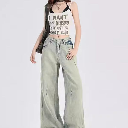 Cross-border American-style High Street Willow Nail Pleated Explosions Popular Design Element Straight Jeans Women's 2024 New Fashion