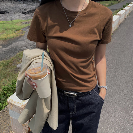 Guangzhou Huang Zheng Basic 7-Color Brushed Round-Neck Short-Sleeve T-Shirt for Women, Early Autumn Versatile Comfortable Regular Shoulder Top 530760