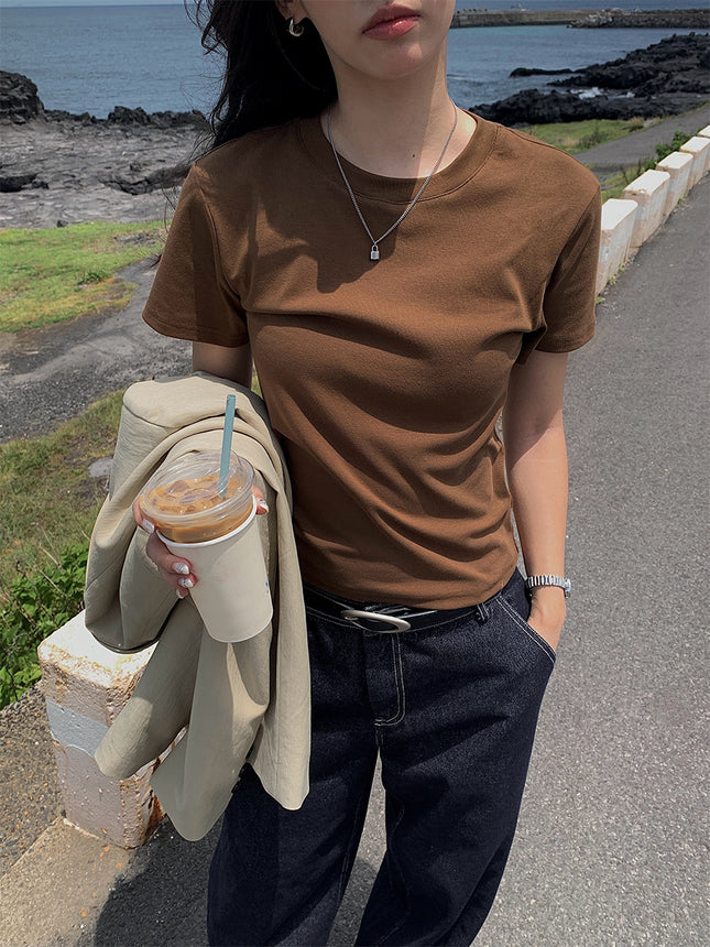 Guangzhou Huang Zheng Basic 7-Color Brushed Round-Neck Short-Sleeve T-Shirt for Women, Early Autumn Versatile Comfortable Regular Shoulder Top 530760