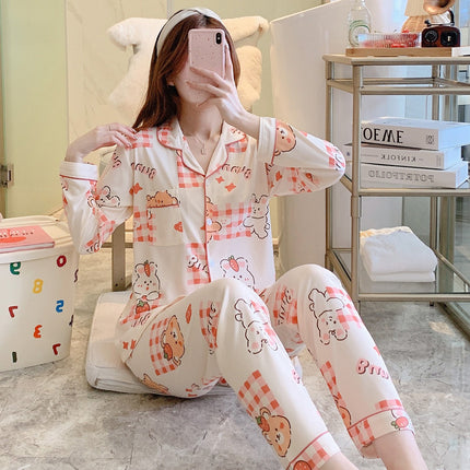 [Factory Wholesale] Women's Pure Cotton Pajamas, Spring and Autumn Style, Long-Sleeved, Long Pants, Can Be Worn Outside, Sweet Student Homewear Set