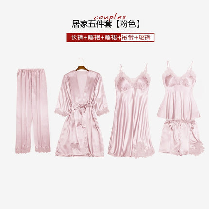 High-quality boutique with chest pad autumn and winter summer sexy simulation silk pajamas five-piece set Korean-style sling women's nightgown