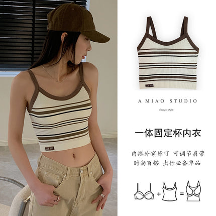 Spring and summer ins style new thread stripe bottoming camisole women's one-piece cup non-wearing text