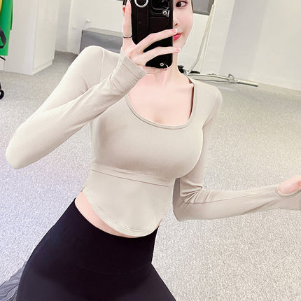 Yoga Clothes with Breast Mat Tight Sexy Stretch Sports Long Sleeve Slim Look Running Training Quick Dry U-Neck Naked Top