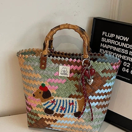 Hand-Held Vegetable Basket, Dachshund Dog Retro Woven Bag, Rattan Commuting Holiday Style Large-Capacity Beach Bag, Bamboo Hand Carry