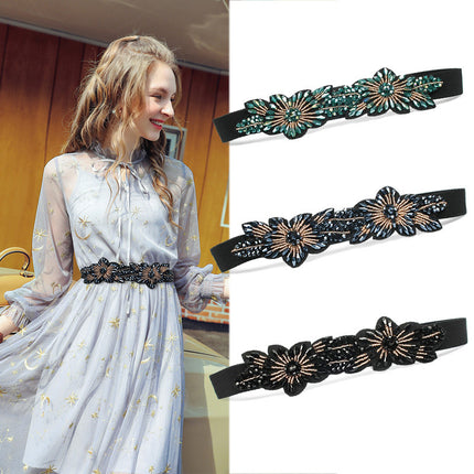 Women's Fashionable Flower Rhinestone Inlaid Wide Girdle Decorative Belt Women's Versatile Skirt Belt Accessories Elastic Waist