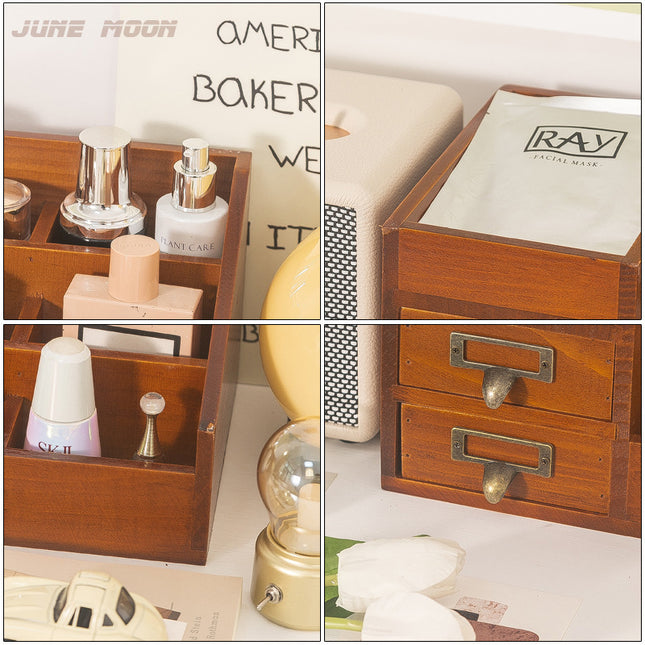 Cosmetic Storage Box Wooden Small Drawer-Type Dressing Table Desktop Storage Rack Partition Organizer Box Large Capacity