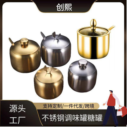 Cross-border Korean-style 304 stainless steel seasoning jar kitchen chili sauce oil salt jar with spoon seasoning box creative golden jar