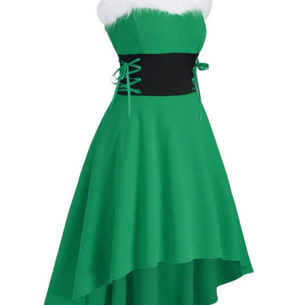 Cross-border foreign trade hot Christmas clothing bunny fur collar off-the-shoulder waist bow sling dress