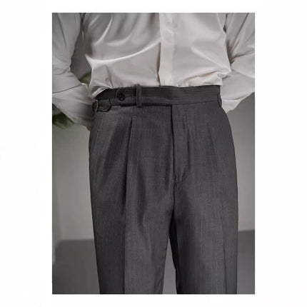 [Ruishen Apparel] Wool Blend Single-Pleat Striped Dress Pants for Business and Commuting, Slim Fit Naples Casual Trousers