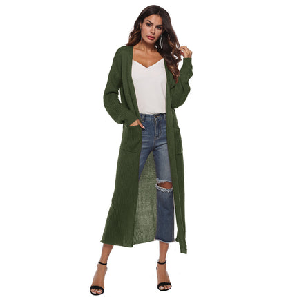 Mohair cardigan cross-border European and American wool cardigan autumn women's coat split large pocket thin coat long multicolor