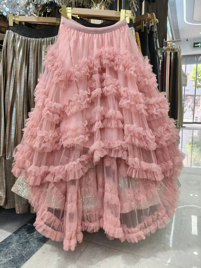 European and American French Romantic Heavy-Duty Ruffled Mesh Fluffy Skirt with Short Front and Long Back Asymmetrical Cake Skirt Fairy
