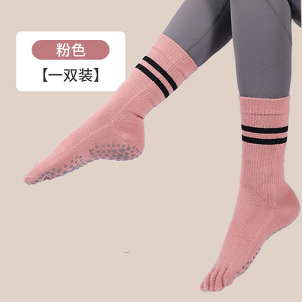 New Five-Finger Non-Slip Yoga Socks Pilates Sports Toe Socks Breathable Striped Middle Barrel Indoor Fitness Compression Socks