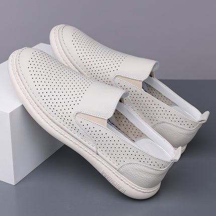 Men's Genuine Leather Shoes 2026 Summer New Style Breathable Hollow Slip-On Loafers Trendy Men's Soft Shoes