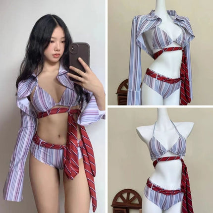 [Foul] Summer Spice Girls Retro Stripes Pure Desire Atmosphere Bikini Vacation Split Swimsuit College Style Women