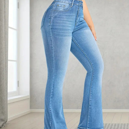 European and American Cross-Border Women's Jeans Stretch Multi-Craft Flap Pocket Pants Design Loose Bell Bottoms Slim Light Blue Trousers