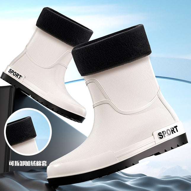 Cross-border Fashion Men's Rain Boots Mid-tube Rain Boots Non-slip Water Shoes Couple's fleece-lined Rubber Shoes Kitchen Car Wash Fishing Work Shoes