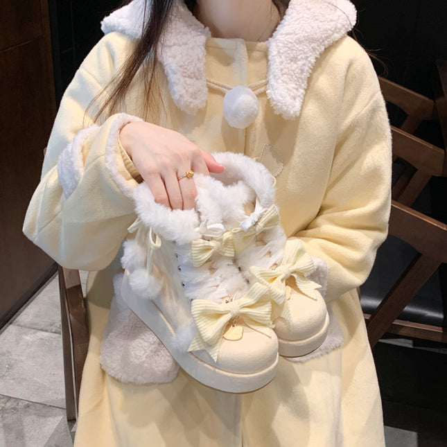 Autumn and Winter New Shoes Thick-Soled Sweet Soft Girl Boots Chick Yellow Cute Soft Fur Ball Lolita Shoes
