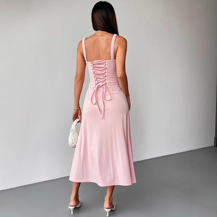 AD298 Cross-border Fashion New Sexy Pink Backless Sling Waist Explosions Women's Lace-up Backless dress