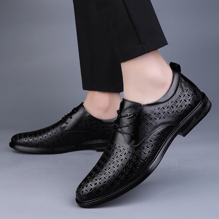 Summer men's first layer cowhide hollow leather shoes breathable round head new office casual men's holed thick-soled leather shoes